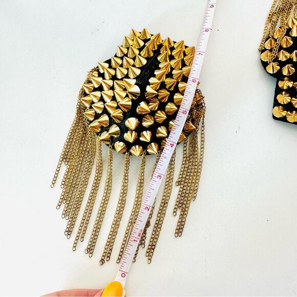 NEW Black Gold Felt Studded Chain Shoulder Pad Brooch Clip Pin Epaulet Jewelry - Picture 5 of 7